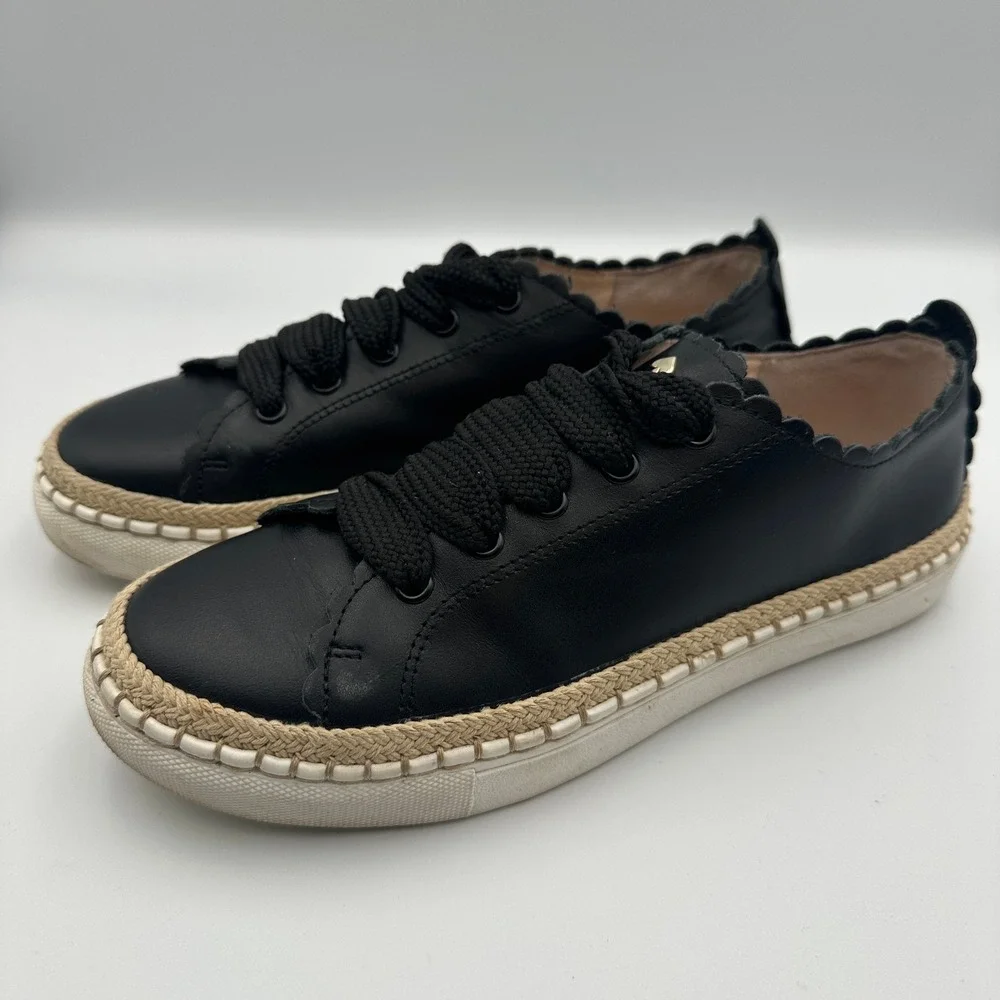 Kate Spade New York Lena Black Leather Sneakers Chunky Laces Scalloped Chic Sz 5